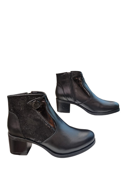 Botine damă elegante negre din piele naturală cu toc gros 4 cm și detalii moderne – mărimi 36-40