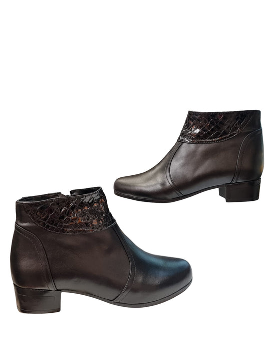 Botine damă negre din piele naturală cu detaliu texturat și toc gros 3 cm – mărimi 35-40