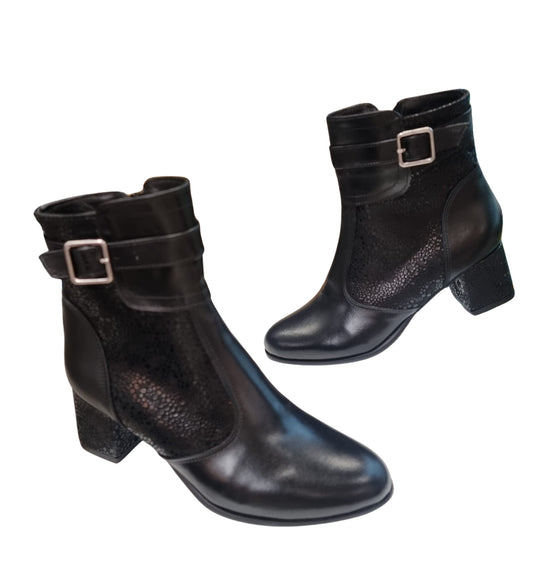 Ghete damă elegante negre din piele naturală cu toc gros 5 cm