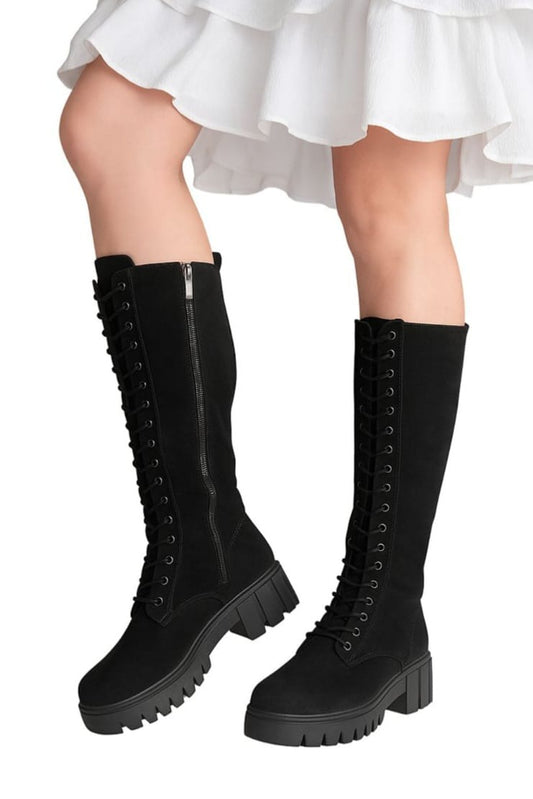 Cizme damă negre până la genunchi cu șiret și fermoar lateral, toc 3 cm