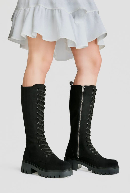 Cizme damă negre până la genunchi cu șiret și fermoar lateral, toc 3 cm
