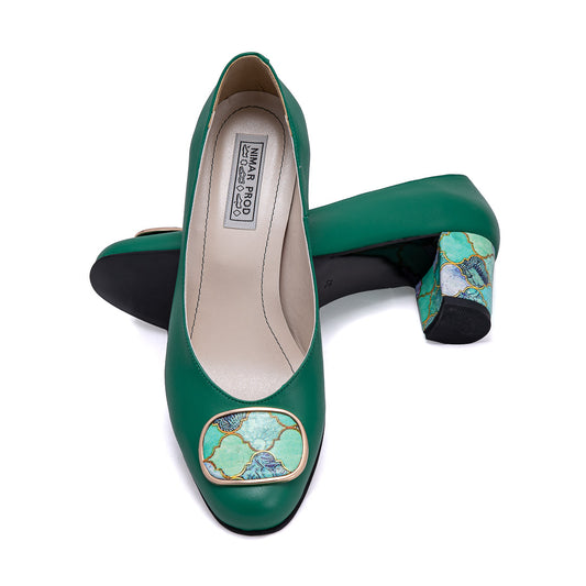 Pantofi verzi din piele naturală cu toc gros de 5 cm – detaliu floral elegant