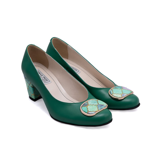 Pantofi verzi din piele naturală cu toc gros de 5 cm – detaliu floral elegant