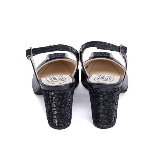 Sandale negre din piele naturală cu toc gros 7 cm și detalii metalice – Nimar Prod