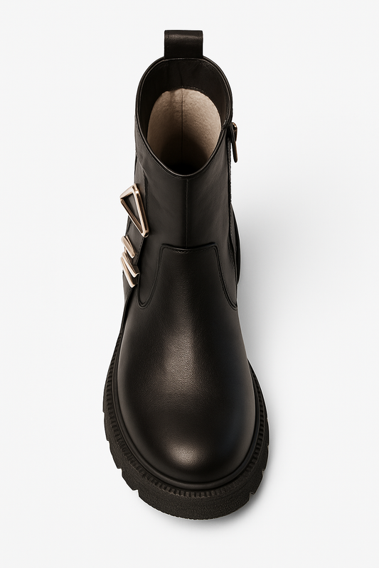 Ghete damă negre din piele naturală cu accesorii metalice laterale și talpă groasă – 3 cm