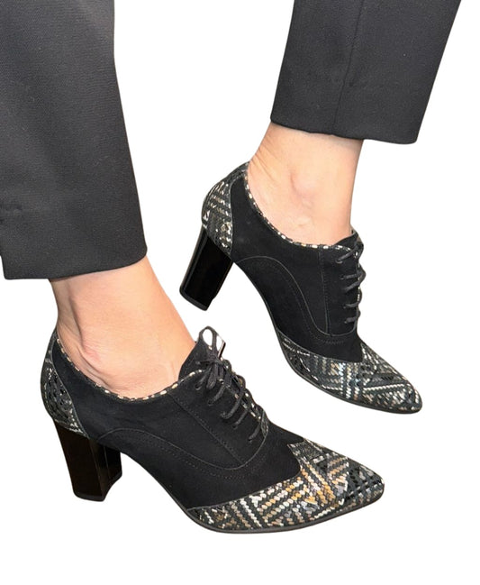 Pantofi Oxford din Piele Naturală Neagră cu Toc Gros de 7 cm – Design Elegant cu Accente Geometrice