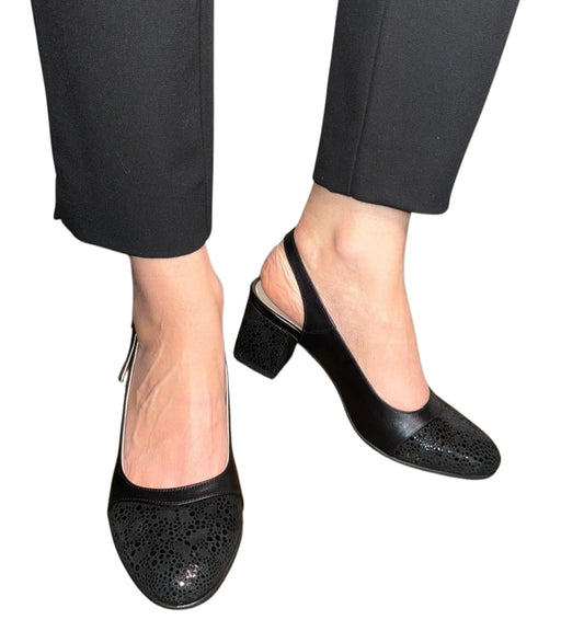 Sandale negre din piele naturală cu toc gros, 5 cm