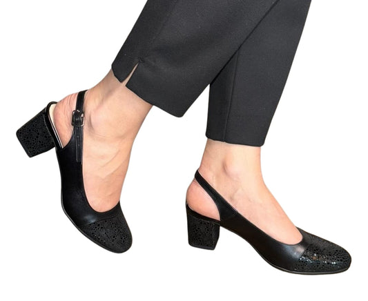 Sandale negre din piele naturală cu toc gros, 5 cm