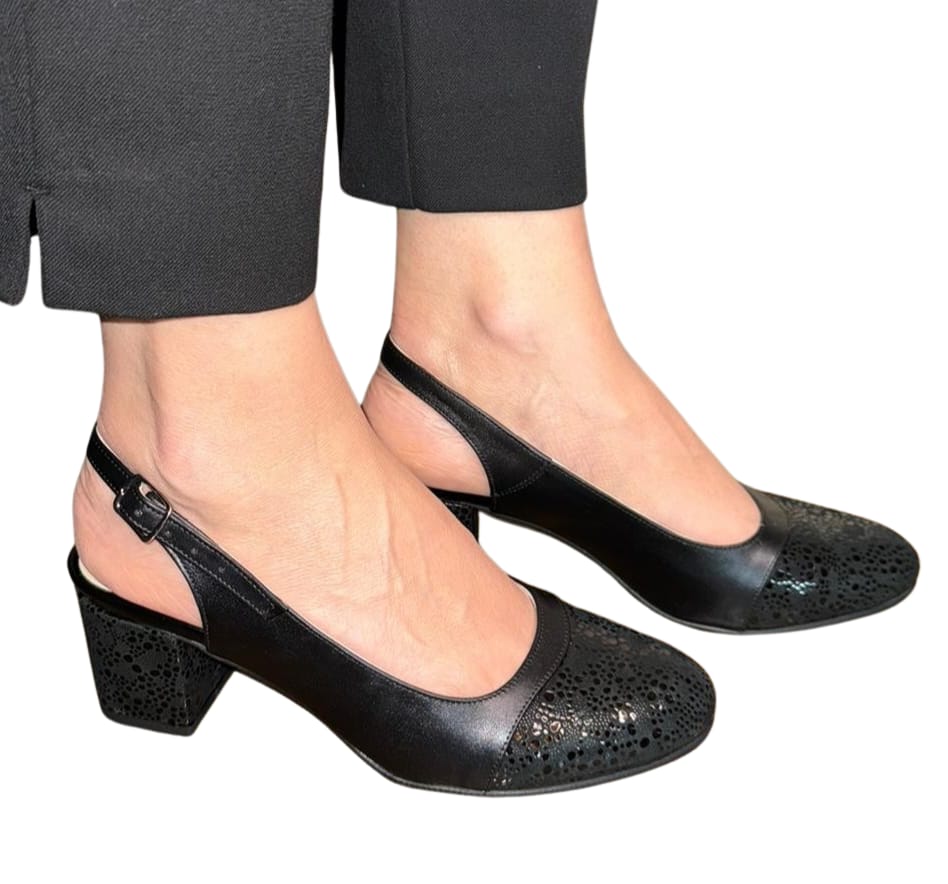 Sandale negre din piele naturală cu toc gros, 5 cm