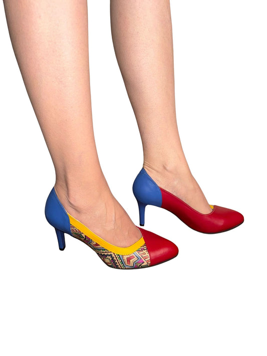 Pantofi din piele naturală – Design Tricolor – Toc 7 cm