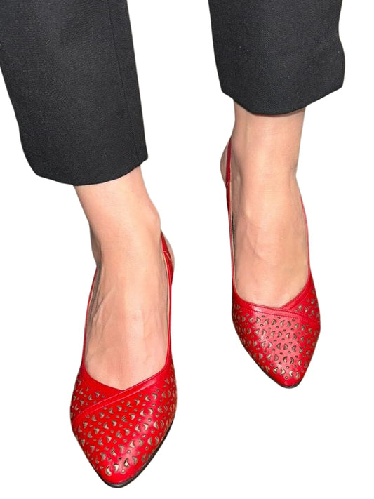 Sandale roșii damă din piele naturală – decupate, perforate, toc subțire 7 cm