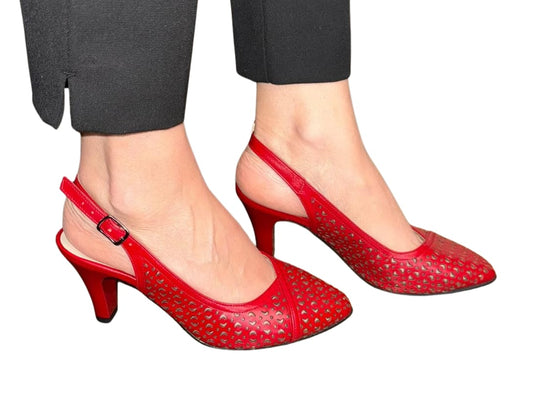 Sandale roșii damă din piele naturală – decupate, perforate, toc subțire 7 cm