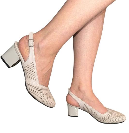 Sandale crem damă din piele naturală – perforate, toc gros 5 cm, stil elegant și aerisit