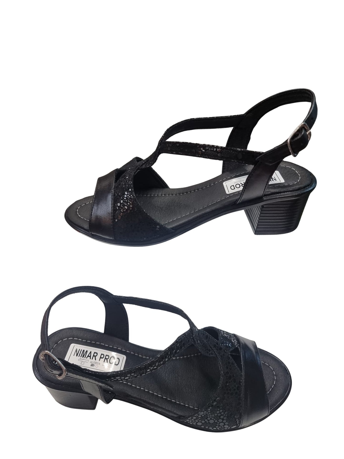 Sandale Elegante Din Piele Neagră cu Model Texturat și Toc Mic – 4 cm