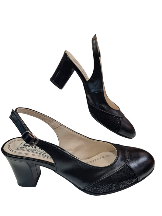 Sandale Slingback Din Piele Neagră cu Inserții Lucioase și Toc Mediu – 6.5 cm