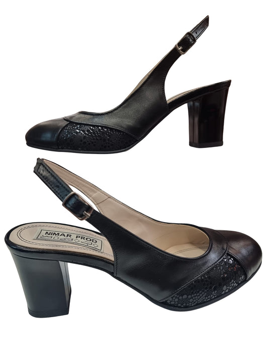 Sandale Slingback Din Piele Neagră cu Inserții Lucioase și Toc Mediu – 6.5 cm