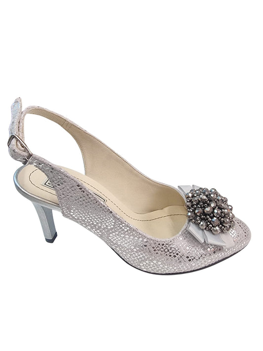 Sandale argintii din piele naturală cu toc și fundiță cu pietre – eleganță pentru evenimente speciale