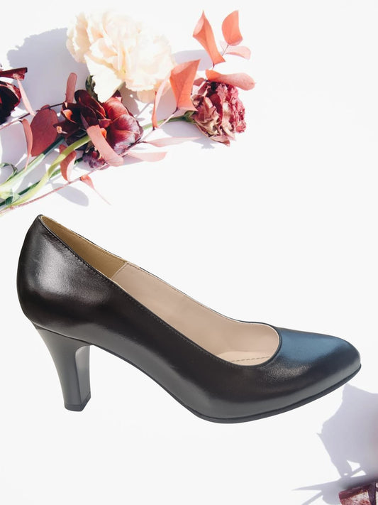 Pantofi damă negri eleganți din piele naturală cu toc subțire 7 cm