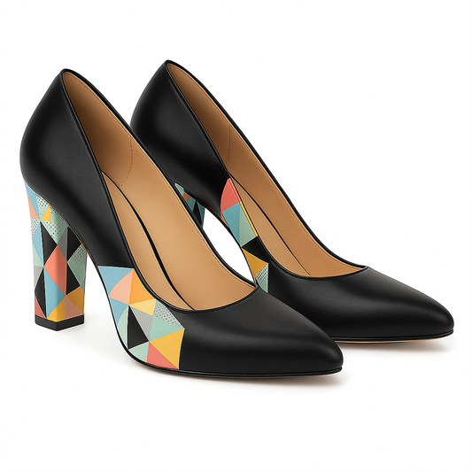 Pantofi damă eleganți negri din piele cu imprimeu geometric și toc gros colorat – Nimar