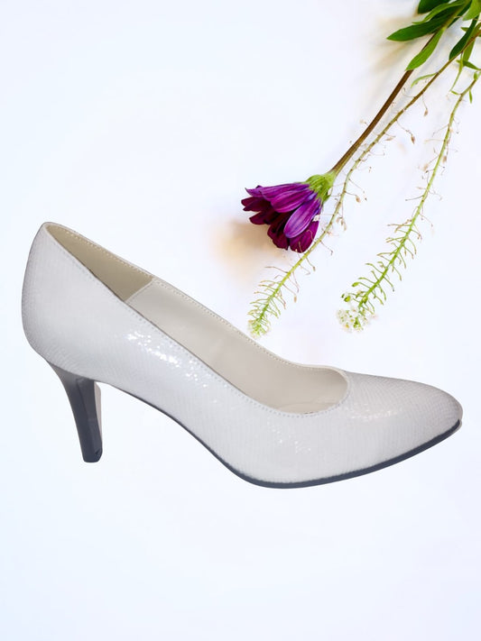 Pantofi eleganți damă albi cu toc 7 cm – piele naturală texturată