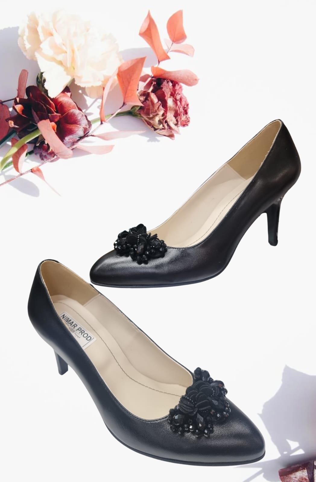 Pantofi eleganți negri din piele naturală cu aplicație decorativă și toc 7 cm