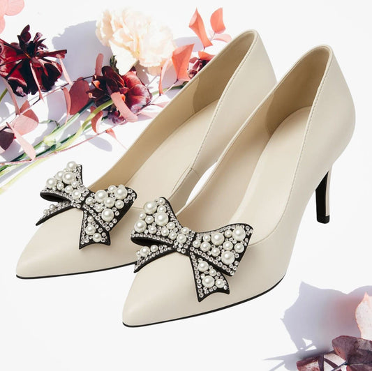 Pantofi damă eleganți bej cu fundiță cu perle și toc 7 cm – mărimi 34-41 | Pantofi Nimar