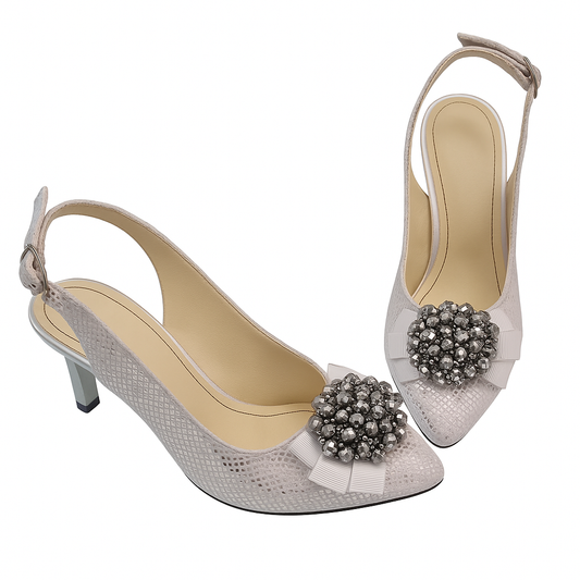Sandale argintii din piele naturală cu toc și fundiță cu pietre – eleganță pentru evenimente speciale