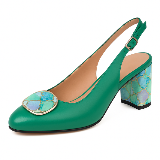 Sandale elegante din piele verde cu toc gros imprimat 7 cm – model cu baretă