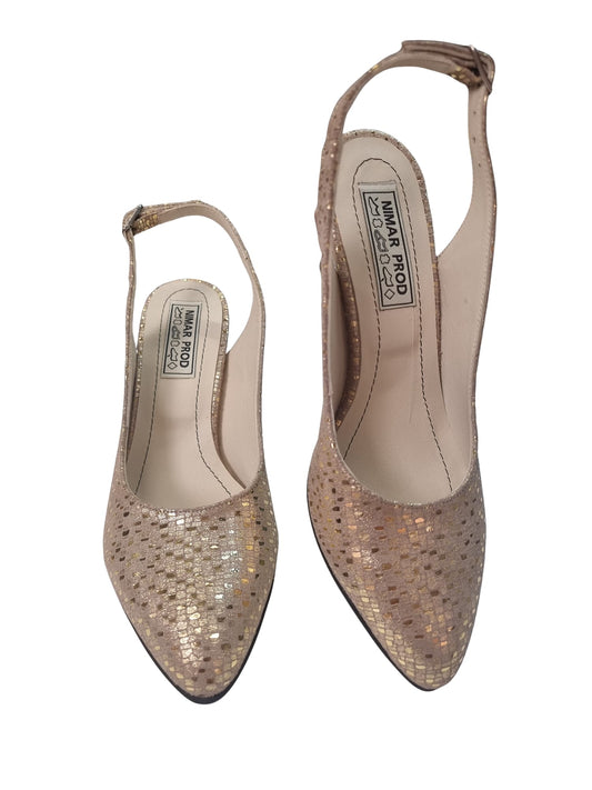 Sandale slingback aurii din piele naturală cu toc de 7 cm