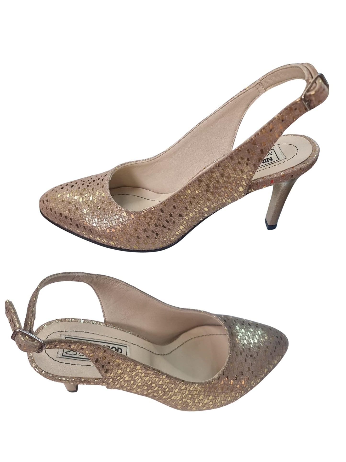 Sandale slingback aurii din piele naturală cu toc de 7 cm