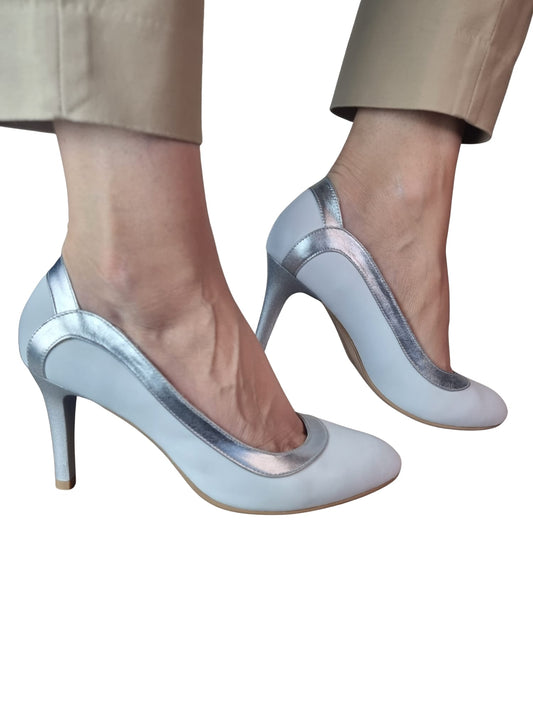 Pantofi stiletto damă din piele naturală alb cu argintiu – toc subțire de 7 cm