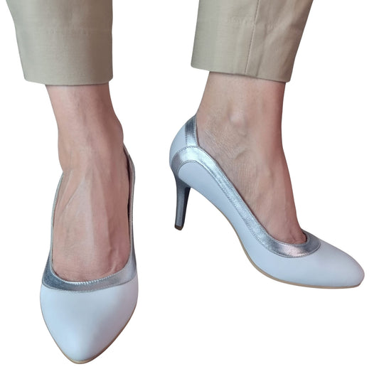 Pantofi stiletto damă din piele naturală alb cu argintiu – toc subțire de 7 cm