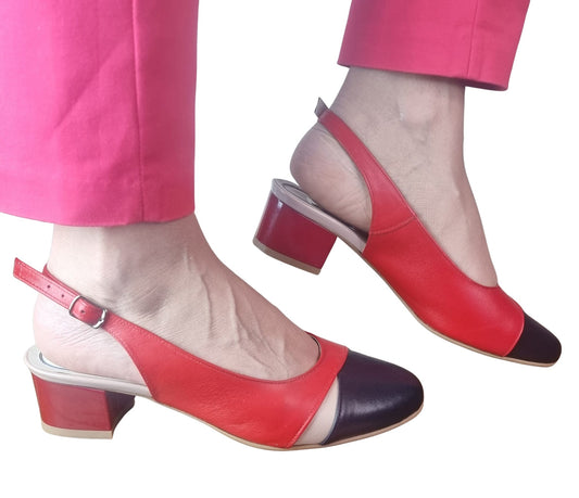 Sandale Slingback Din Piele Roșii cu Vârf Negru și Toc Mic – 3 cm