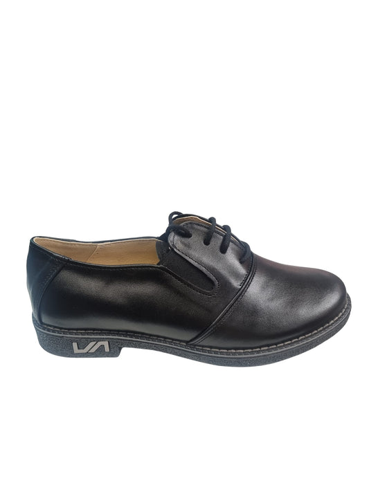 Pantofi casual damă din piele neagră cu șiret și talpă inscripționată VA