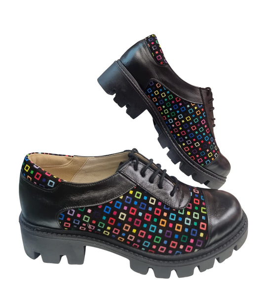 Pantofi casual damă din piele cu imprimeu geometric multicolor și talpă groasă