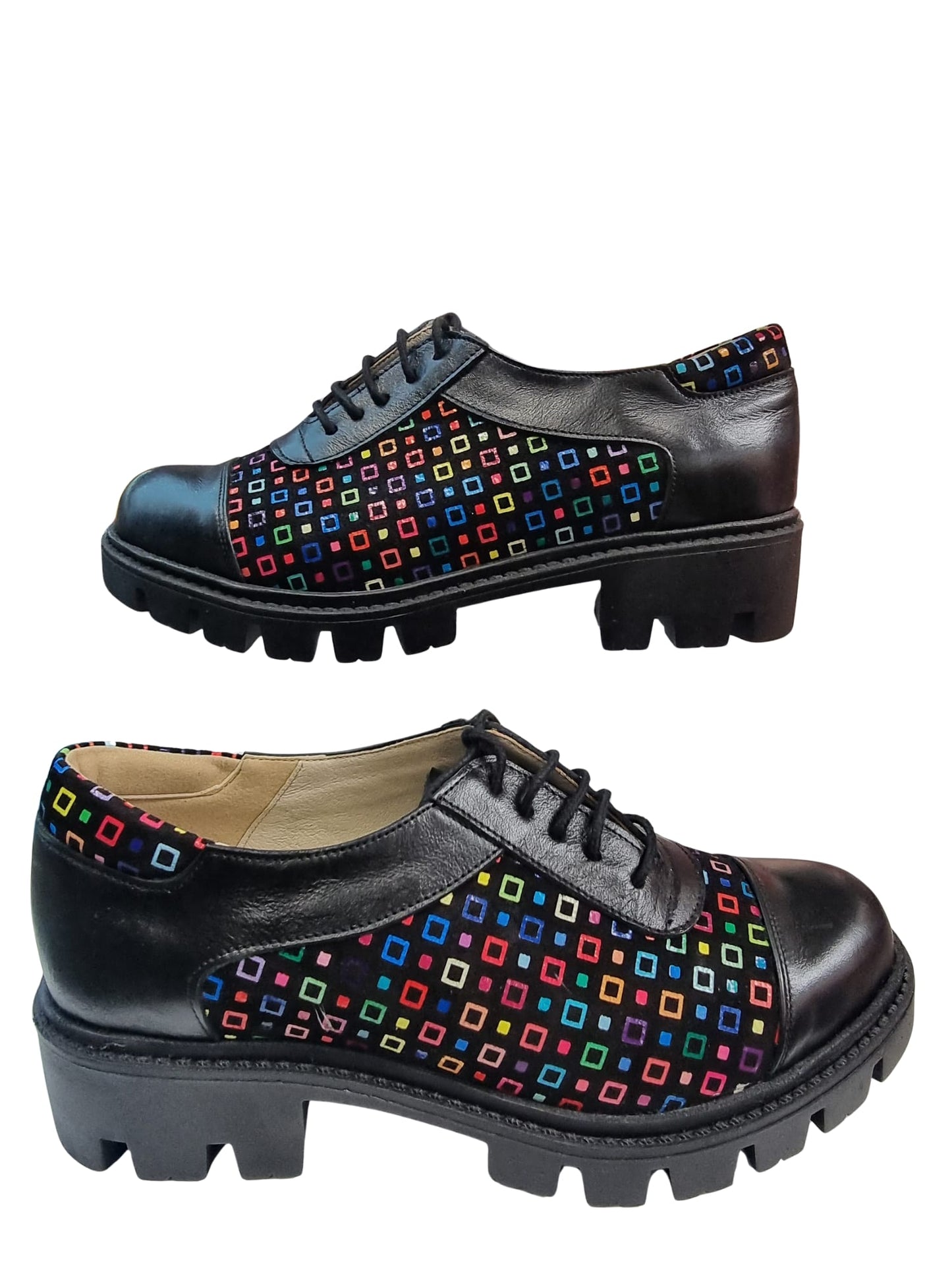 Pantofi casual damă din piele cu imprimeu geometric multicolor și talpă groasă