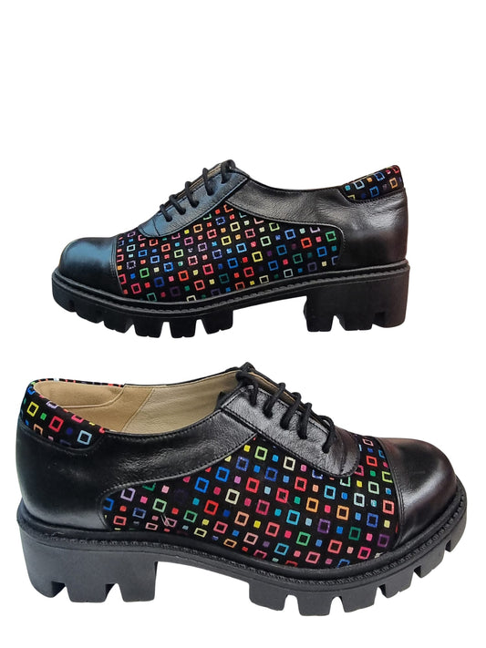 Pantofi casual damă din piele cu imprimeu geometric multicolor și talpă groasă