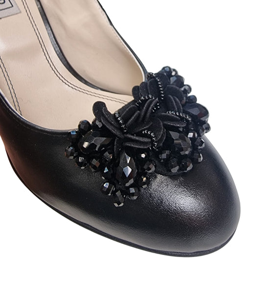 Pantofi Eleganți Din Piele Neagră cu Aplicație și Toc Sculptural – 5.5 cm