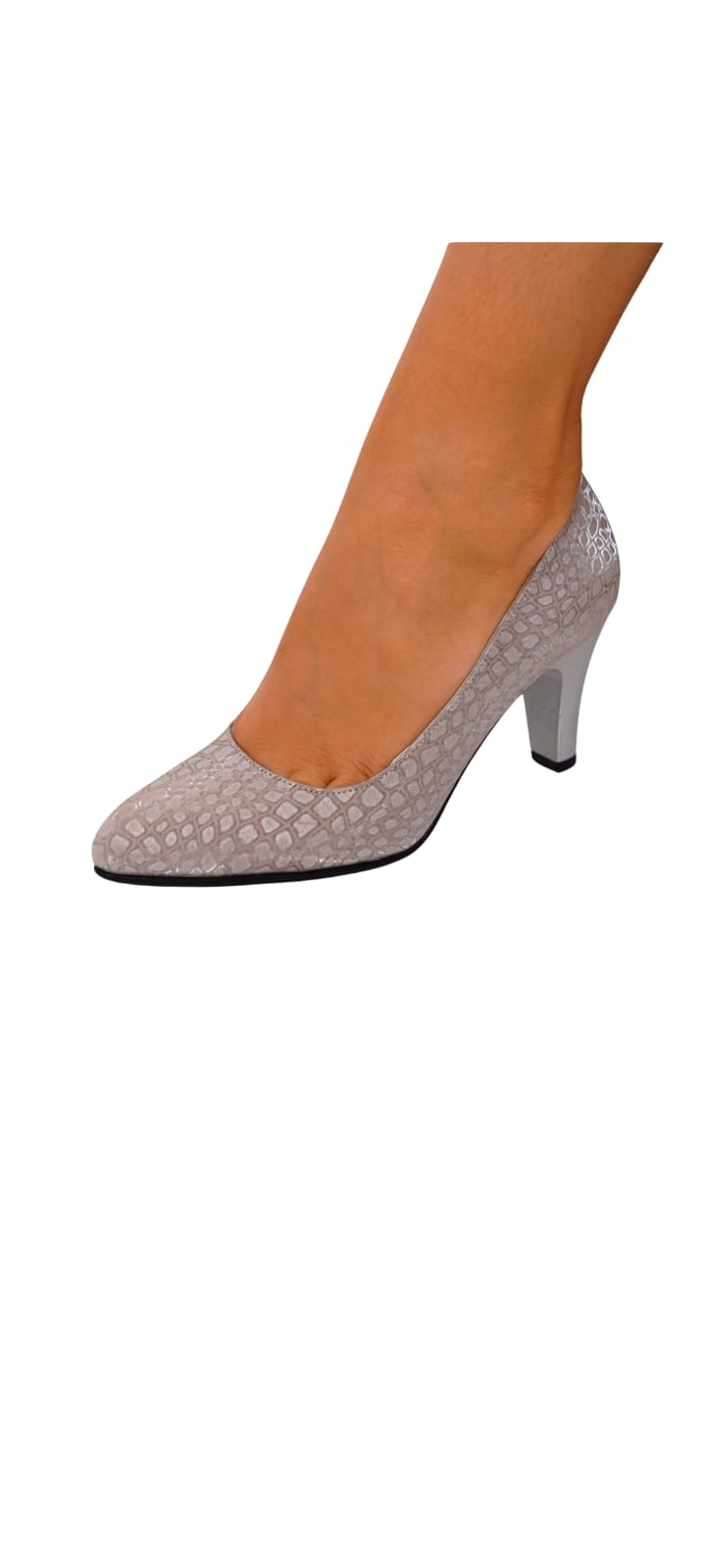 Pantofi eleganți bej cu textură piele de reptilă și toc gros 7 cm