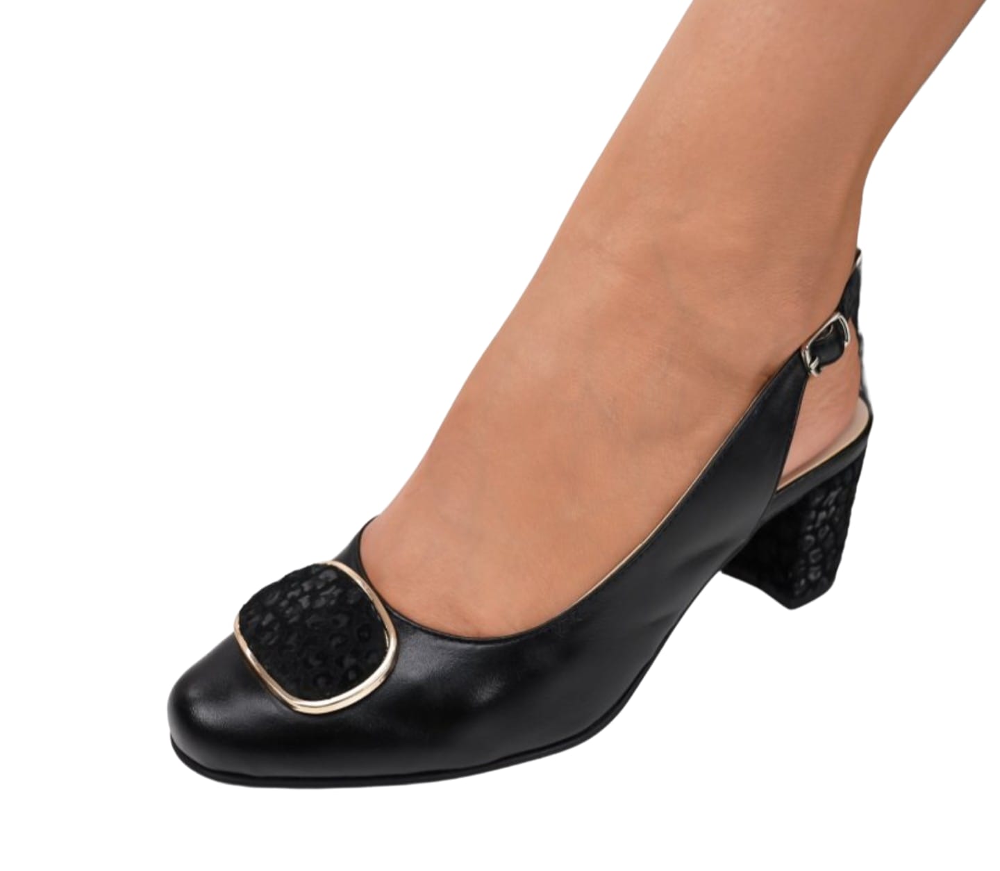 Pantofi damă eleganți negri cu cataramă și toc decorativ – piele naturală, toc 5 cm