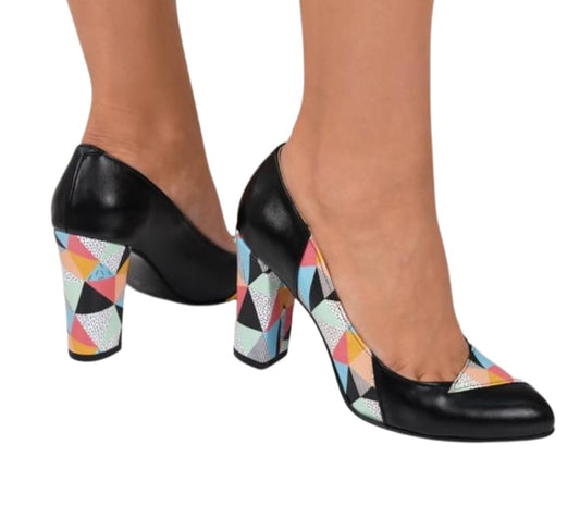 Pantofi damă eleganți negri din piele cu imprimeu geometric și toc gros colorat – Nimar