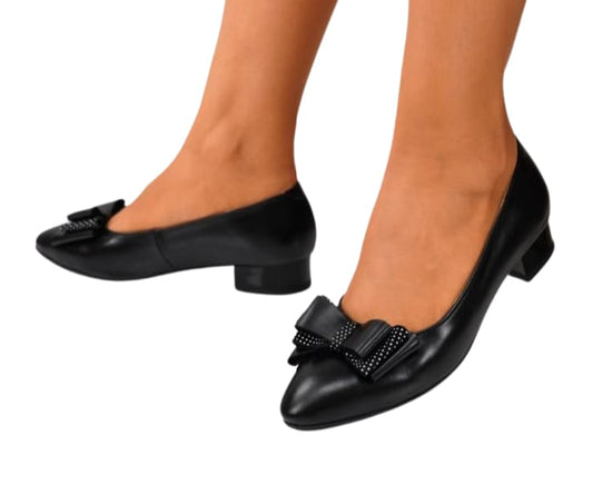 Balerini din piele naturală cu fundiță și detalii punctate – toc 3 cm