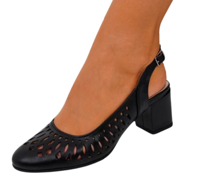 Pantofi decupați din piele naturală cu baretă – negru, toc gros 5 cm