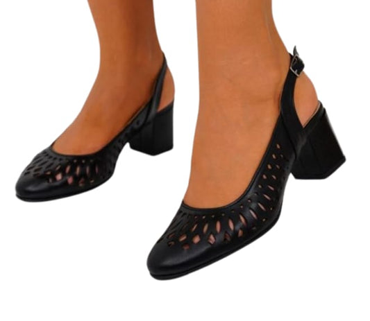 Pantofi decupați din piele naturală cu baretă – negru, toc gros 5 cm