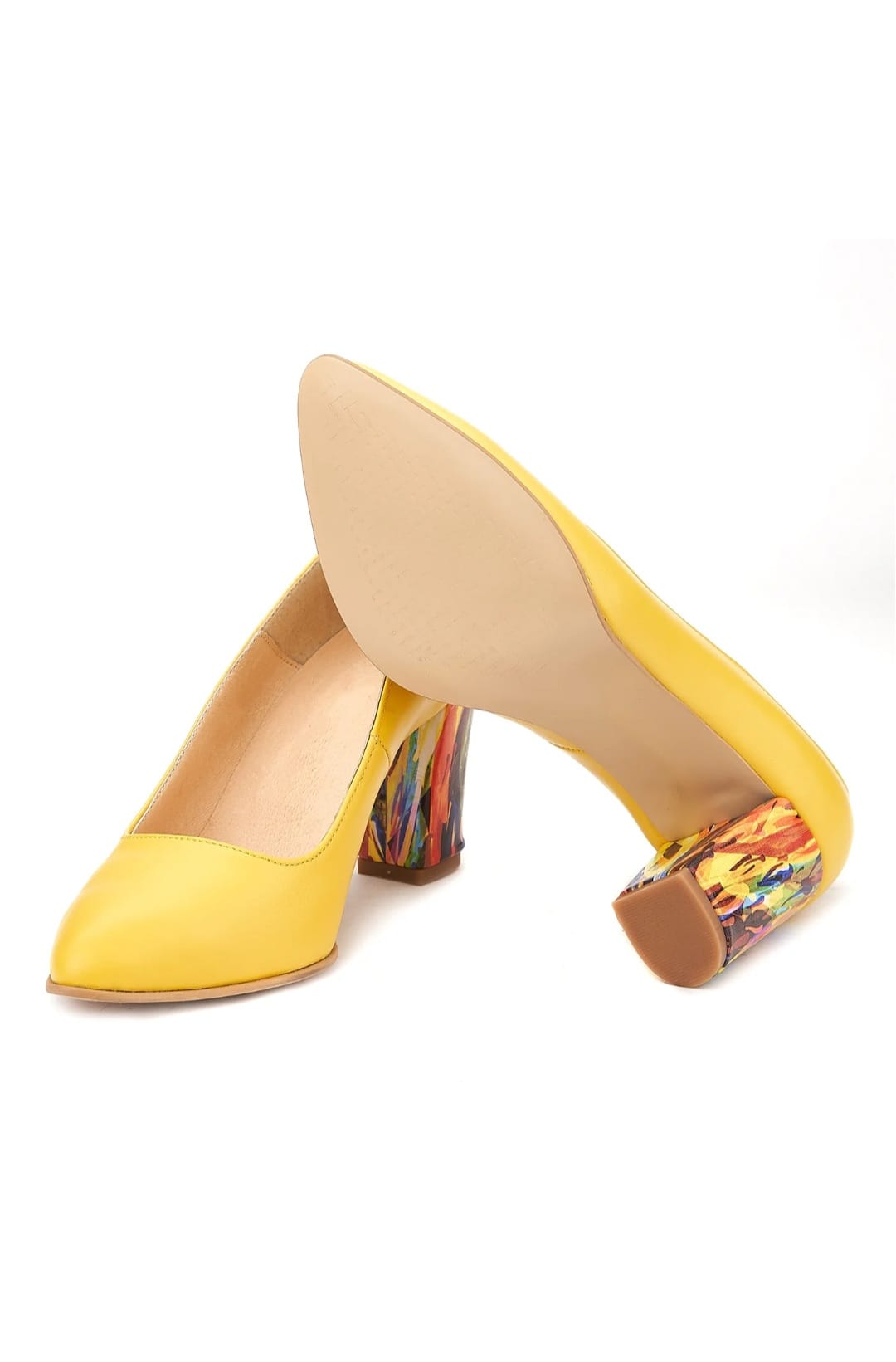 Pantofi galbeni din piele naturală cu toc gros decorativ – Stil și confort de vară 🌼