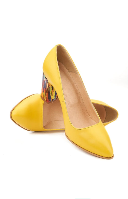 Pantofi galbeni din piele naturală cu toc gros decorativ – Stil și confort de vară 🌼
