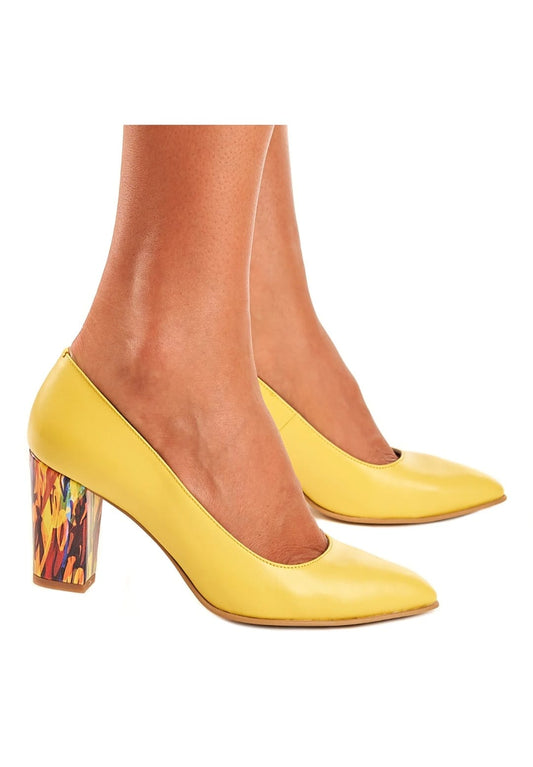 Pantofi galbeni din piele naturală cu toc gros decorativ – Stil și confort de vară 🌼