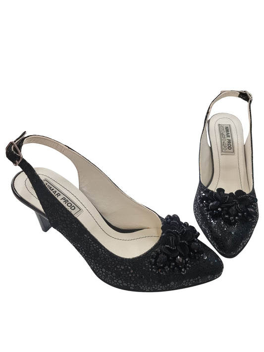 Sandale negre elegante cu toc 7 cm și aplicație florala – Piele naturală – Pantofi Nimar