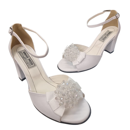 Sandale albe cu toc gros și decor perlă – Piele naturală – Elegant Nimar Prod