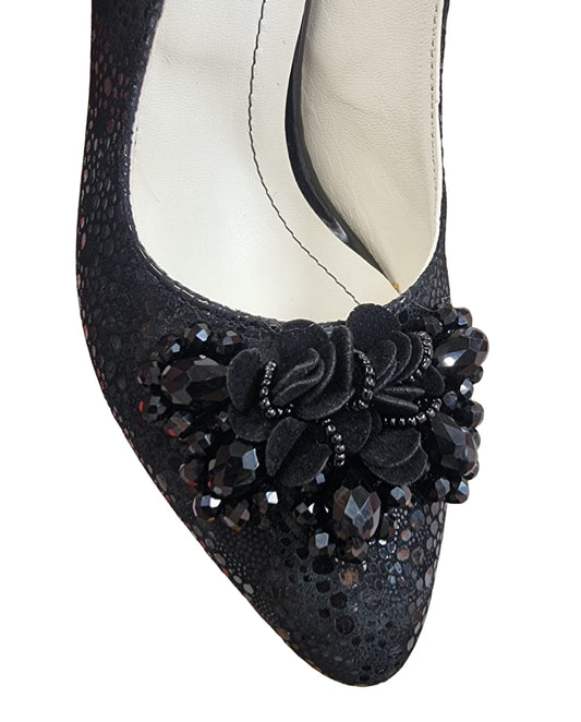 Sandale negre elegante cu toc 7 cm și aplicație florala – Piele naturală – Pantofi Nimar